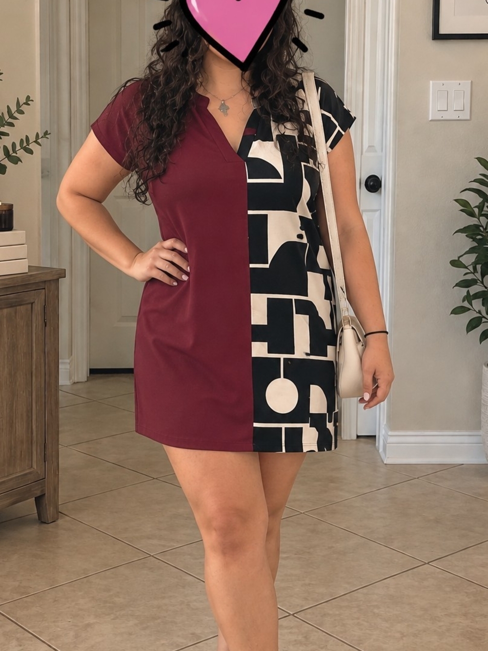 SHEIN Burgundy & Black Graphic Colorblock Mini Dress